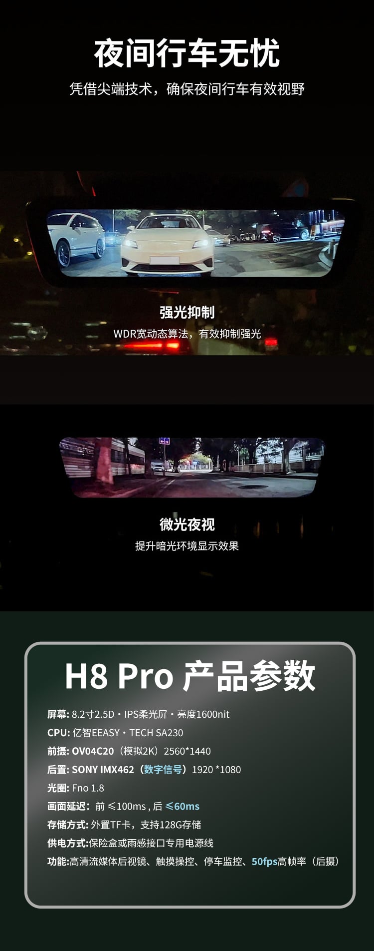 H8 Pro 柔光电子后视镜(8.2英寸 2K数字流媒体后视镜) 详情图